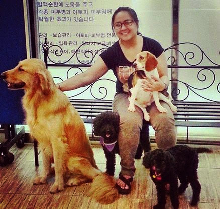 Liz with the cute and friendly dogs at Jangsan Puppy Cafe